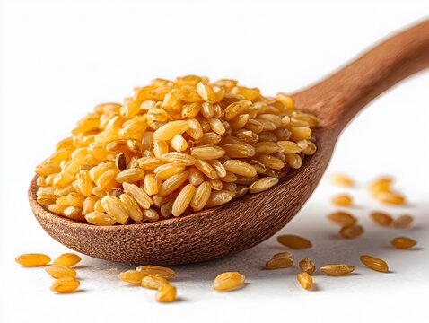 A wooden spoon holds a pile of raw buur wheat grains against a clean white background in macro detail.