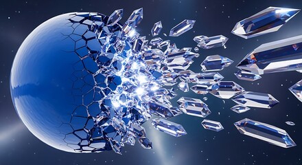 Dynamic Digital Art of a Shattering Blue Sphere with Fragments and Sparkles