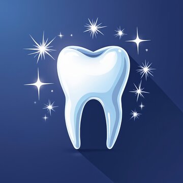 Sparkling clean tooth icon represents dental hygiene, whitening treatments. Gleaming white enamel with bright shine, oral care, fresh smile, dentistry wellness. Healthy mouth prevention concept, blue
