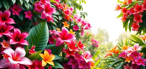 Vibrant spring backdrop with tropical blooms and lush foliage, design element, print