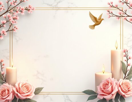 Elegant funeral template with pink roses, cherry blossoms, lit candles, golden dove. Soft floral designs on marbled background create peaceful, serene atmosphere for memorial services, condolences.