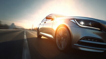 A luxury sedan speeds along a smooth highway during sunset. The golden rays of sunlight illuminate the shiny exterior, creating a captivating visual effect on the road.