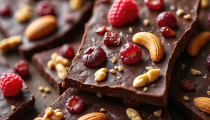 Rich dark chocolate bark generously studded with crunchy nuts like almonds, cashews, plus sweet dried cranberries, raspberries. Homemade confection offers delightful mix of textures, flavors, perfect