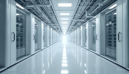 Clean white datacenter corridor with rows of server racks, visible through glass doors. Overhead pipes, lighting create modern, high-tech atmosphere. Empty hall suggests advanced technology