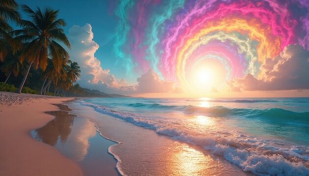 Psychedelic dreamscape beach scene with vibrant, colorful, glowing aurora-like clouds framing setting sun over turquoise ocean waves. Palm trees line tropical shore, creating surreal, mystical, - Powered by Adobe