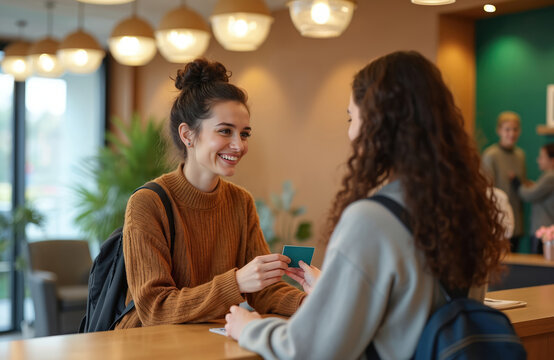 Young woman with curly hair checks in at hotel college library reception desk. Smiles handing card to friendly receptionist explaining something. Both wear backpacks. People visible in background.