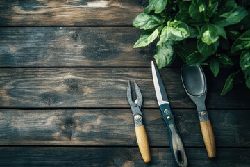 Ultra Hd Visual of Gardening Scissors and Trowel on a Wooden Flatlay