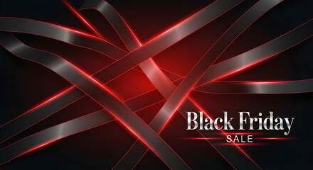 A bold Black Friday sale design featuring dark red and black ribbons intertwined across the background. The striking contrast and dynamic shapes highlight the excitement and urgency of the seasonal di