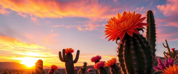 Whimsical sunset paints vibrant cacti blooms in a playful desert landscape, texture, illustration art