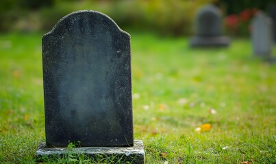 Solitary Weathered Grey Gravestone in Lush Green Cemetery Field with Soft Bokeh.