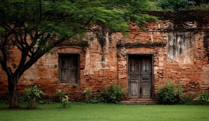 Weathered brick walls with aged wooden doors, lush greenery