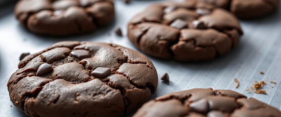Close-up of several decadent, chocolate cookies on a baking sheet, sweetness, crumbly