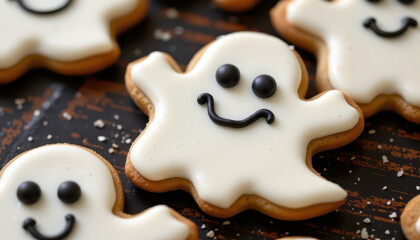 Ghost shaped cookies with smooth white icing and black facial features create fun and festive atmosphere. Perfect for Halloween celebrations, these treats are delightful and charming