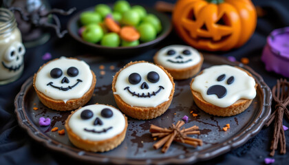 Obraz premium Delightful Halloween treats featuring spooky cupcakes decorated with ghost and skull designs, surrounded by festive decorations like pumpkins and candy. Perfect for festive celebration