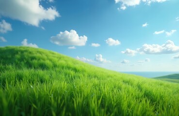 Obraz premium Rich green grass covers undulating hills under a clear blue sky dotted with white fluffy clouds. Sunlight illuminates the serene natural landscape, suggesting growth and tranquility.