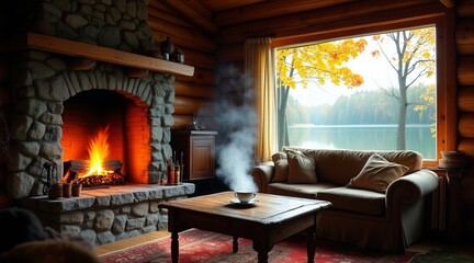 rustic cabin living room with roaring stone fireplace and autumn forest view