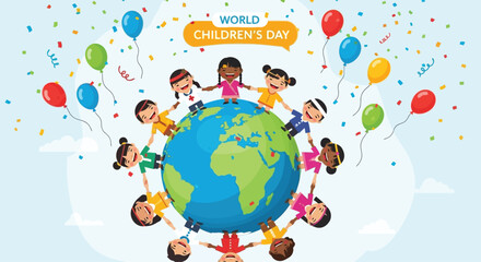 Flat vector illustration of diverse children from around the world holding hands around a globe, celebrating World Children’s Day with colorful balloons and confetti