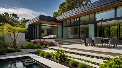 Fototapeta premium Modern Minimalist House with indoor outdoor living space architectural