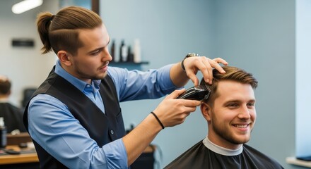 Barber Giving Haircut to Smiling Customer Using Electric Razor in a Barbershop