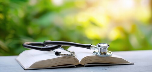The stethoscope rests on an open book in a serene natural setting.