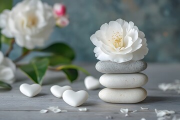 Fototapeta premium Serene Still Life - White Camellia and Stacked Stones, Soft Lighting.