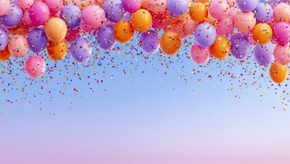 A celebratory array of pastel orange, pink, and purple balloons showering colorful confetti onto a light blue-to-pink gradient background