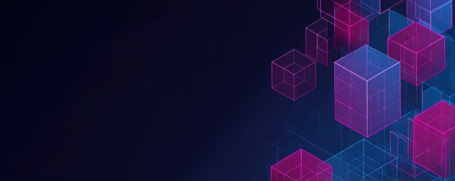 Abstract graphic of overlapping glowing cubes in shades of magenta and blue, set against a dark navy background
