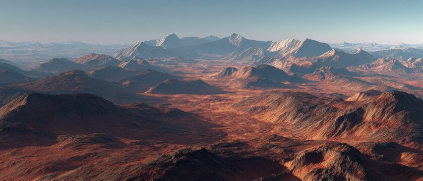 Aerial view of a vast, rust-colored alien landscape, featuring rugged mountains and a valley