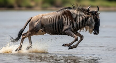 Fototapeta premium Wildbeest running through water on a sunny day
