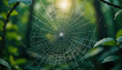 Obraz premium Glistening Geometry Macro Shot of a Spiderweb Adorned with Morning Dew in a Lush Forest