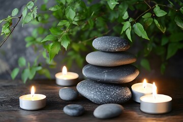 Obraz premium Serene Zen Stone Tower with Lit Candles and Lush Greenery, Tranquil Spa Scene.