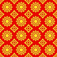 Intricate Thai Pattern: An elegant geometric pattern of repeating golden floral and circular motifs dance across a vibrant red backdrop. Reflecting artistic elegance and timeless beauty.