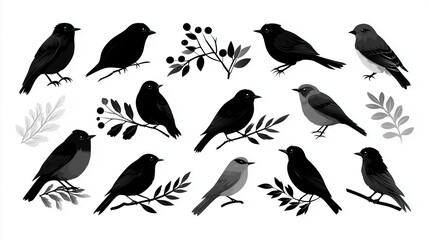 Twelve distinct black bird outlines with varying wing spans and body angles creating a lively visual., isolate on white background
