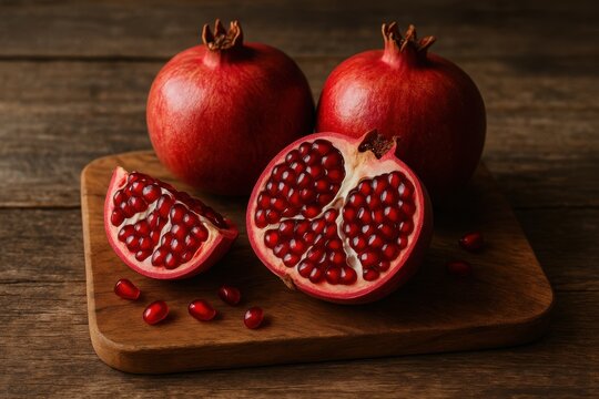 Crimson Gems: A still-life photograph that celebrates the beauty and exquisite taste of ripe pomegranates, revealing the enticing ruby-red arils within. 