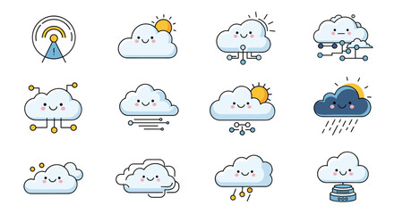Obraz premium Adorable cloud icons depict weather, data, and connectivity with cheerful faces