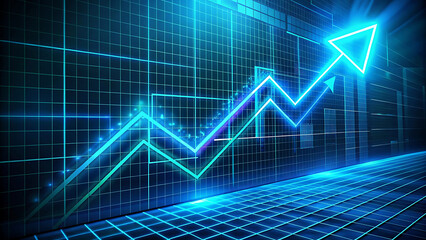 Futuristic neon stock market growth arrow with glowing financial symbols and technology
