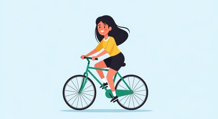 Obraz premium Riding a Bicycle: A woman smiles, enjoying a carefree bicycle ride, against a refreshing backdrop that inspires thoughts of adventure.