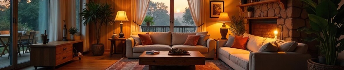 Fototapeta premium Cozy family room, warm lighting, inviting atmosphere, perfect for relaxation and togetherness Comfortable furniture, stylish decor, creates a sense of home , comfortable, blankets, serene