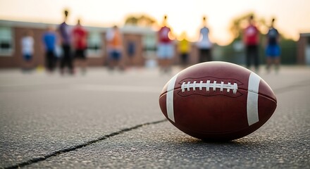 Close-up of American football on outdoor court with group of players in background
