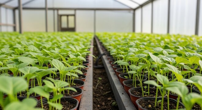 Greenhouse seedlings under observation: Rows of vibrant seedlings thrive within a translucent greenhouse, where cultivation takes place under controlled conditions to enhance agricultural yield.