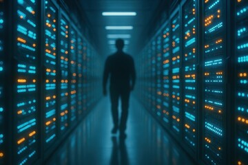 Data Center Silhouette: A lone figure walks amidst rows of server racks, bathed in the cool glow of data processing, embodying technology and information management. 