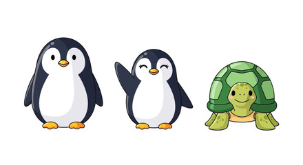 Obraz premium Adorable cartoon penguin friends and a smiling turtle create a cheerful, playful scene