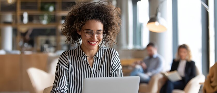 The woman using a laptop in a bright modern cafe during remote work