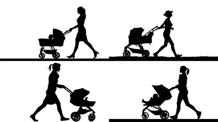 Silhouette compilation showing women pushing strollers in different poses