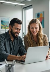 Obraz premium Collaboration in Modern Office: Two smiling business professionals in a bright, modern office space, engrossed in their laptop.