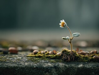 Tiny white flower sprouts from stone