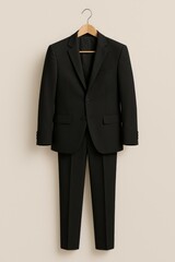 Sophisticated Suit: A classic black suit elegantly displayed on a wooden hanger, embodying timeless style and sartorial precision, a symbol of professional attire.