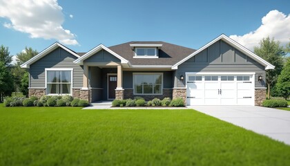 Obraz premium Modern single-family house with grey siding, stone accents, white garage door. Features rich green lawn, manicured bushes, bright blue sky with scattered clouds. Home combines contemporary design