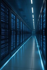 Obraz premium Digital Fortress: An abstract journey down a data center, where rows of server racks create a sense of the intricate world of digital infrastructure.