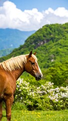 Horse in a spring meadow, mountains in background